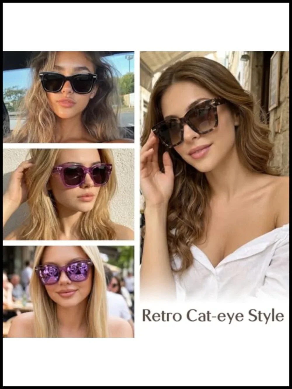 Retro Oversized Square Cat-Eye Polarized Sunglasses with Metal Accents